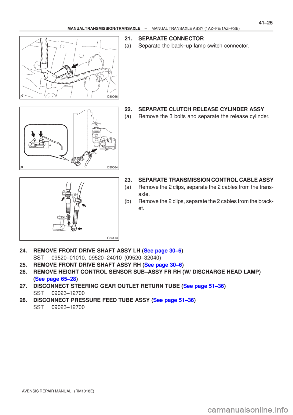 TOYOTA AVENSIS 2002  Repair Manual D30066
D30064
G24413
±
MANUAL TRANSMISSION/TRANSAXLE MANUAL TRANSAXLE ASSY (1AZ±FE/1AZ±FSE)
41±25
AVENSIS REPAIR MANUAL   (RM1018E)
21. SEPARATE CONNECTOR
(a) Separate the back±up lamp switch con