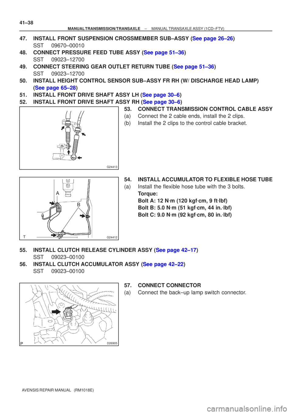 TOYOTA AVENSIS 2002  Repair Manual G24413
G24412
AB
D26905
41±38
±
MANUAL TRANSMISSION/TRANSAXLE MANUAL TRANSAXLE ASSY (1CD±FTV)
AVENSIS REPAIR MANUAL   (RM1018E)
47.INSTALL FRONT SUSPENSION CROSSMEMBER SUB±ASSY (See page 26±26) S