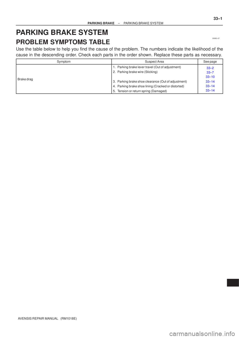 TOYOTA AVENSIS 2002 Repair Manual 3300E±07
±
PARKING BRAKE PARKING BRAKE SYSTEM
33±1
AVENSIS REPAIR MANUAL (RM1018E)
PARKING BRAKE SYSTEM
PROBLEM SYMPTOMS TABLE
Use the table below to help you find the cause of the problem. The n TOYOTA AVENSIS 2002 Repair Manual 3300E±07
±
PARKING BRAKE PARKING BRAKE SYSTEM
33±1
AVENSIS REPAIR MANUAL (RM1018E)
PARKING BRAKE SYSTEM
PROBLEM SYMPTOMS TABLE
Use the table below to help you find the cause of the problem. The n
