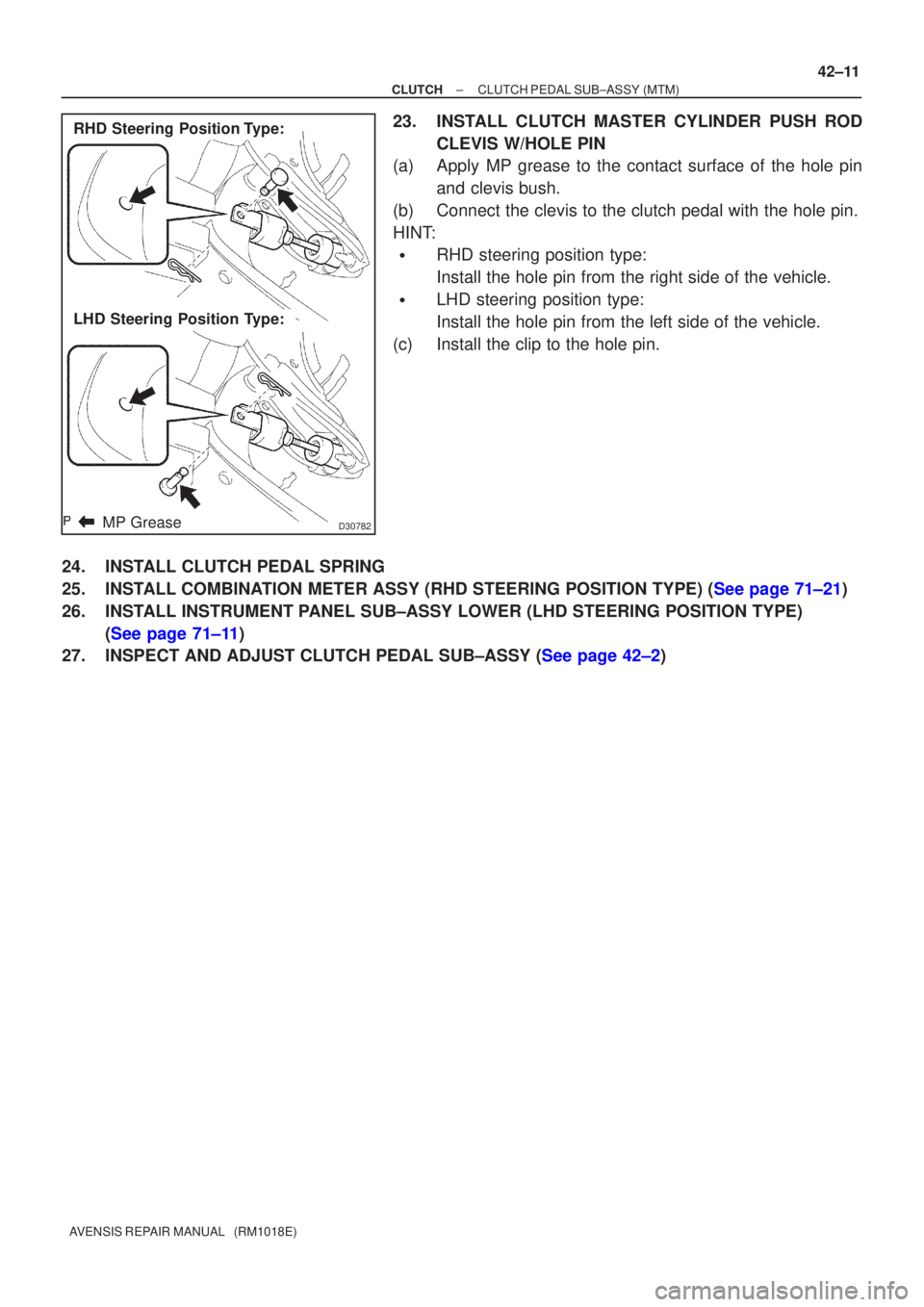 TOYOTA AVENSIS 2002  Repair Manual D30782
LHD Steering Position Type:
RHD Steering Position Type:MP Grease
±
CLUTCH CLUTCH PEDAL SUB±ASSY (MTM)
42±11
AVENSIS REPAIR MANUAL   (RM1018E)
23. INSTALL CLUTCH MASTER CYLINDER PUSH ROD
CLEV