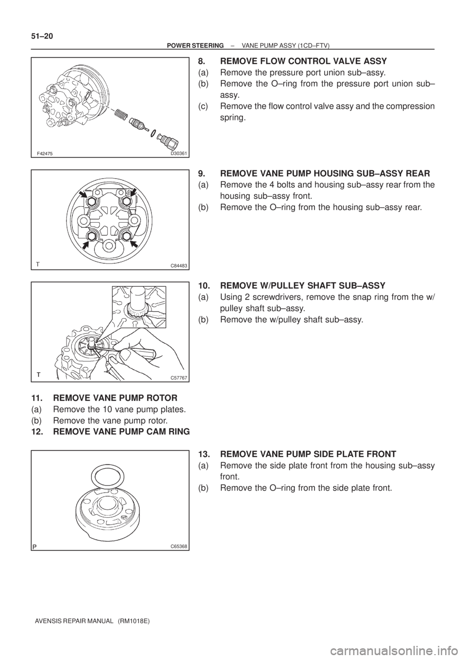 TOYOTA AVENSIS 2002  Repair Manual D30361
C84483
C57767
C65368
51±20
± POWER STEERINGVANE PUMP ASSY (1CD±FTV)
AVENSIS REPAIR MANUAL   (RM1018E)
8. REMOVE FLOW CONTROL VALVE ASSY
(a) Remove the pressure port union sub±assy.
(b