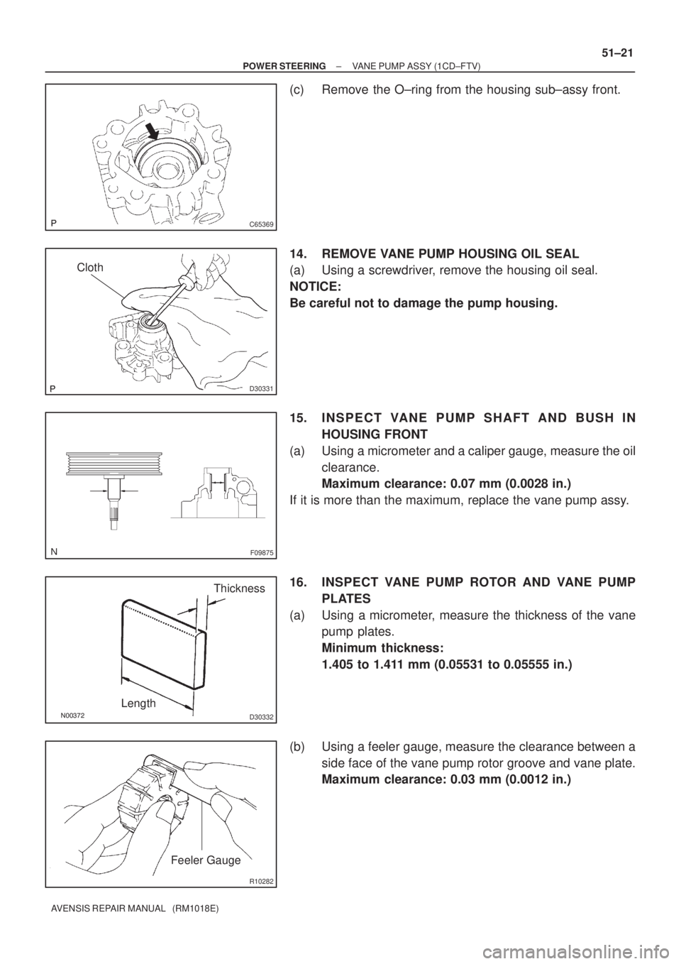 TOYOTA AVENSIS 2002  Repair Manual C65369
D30331
Cloth
F09875
D30332
LengthThickness
R10282
Feeler Gauge
± POWER STEERINGVANE PUMP ASSY (1CD±FTV)
51±21
AVENSIS REPAIR MANUAL   (RM1018E)
(c) Remove the O±ring from the housing 