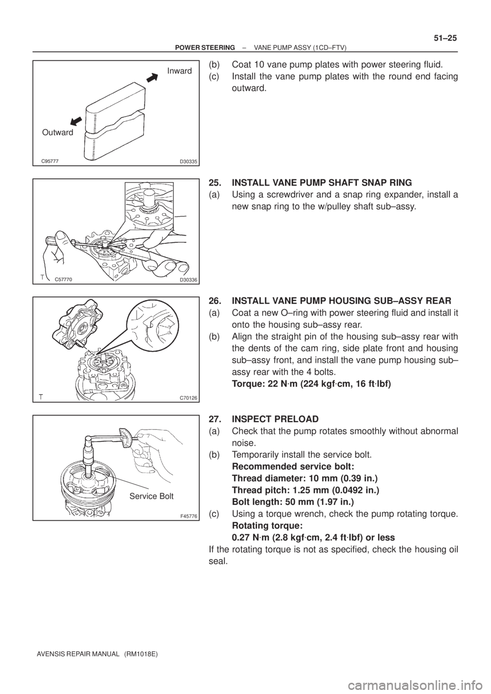 TOYOTA AVENSIS 2002  Repair Manual D30335
Inward
Outward
D30336
C70126
F45776
Service Bolt
± POWER STEERINGVANE PUMP ASSY (1CD±FTV)
51±25
AVENSIS REPAIR MANUAL   (RM1018E)
(b) Coat 10 vane pump plates with power steering