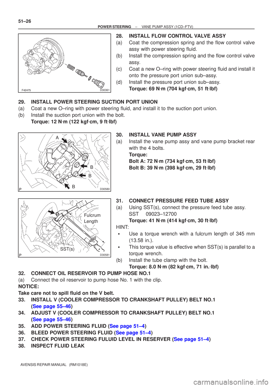 TOYOTA AVENSIS 2002  Repair Manual D30361
D30580
B
B
B
A
D30581
Fulcrum
Length
SST(s)
51±26
±
POWER STEERING VANE PUMP ASSY (1CD±FTV)
AVENSIS REPAIR MANUAL   (RM1018E)
28. INSTALL FLOW CONTROL VALVE ASSY
(a) Coat the compressi