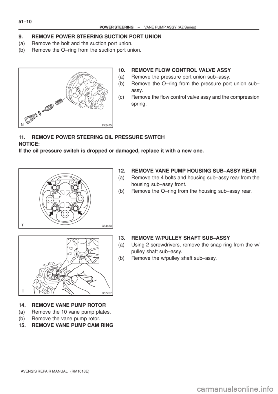 TOYOTA AVENSIS 2002  Repair Manual F42475
C84483
C57767
51±10
± POWER STEERINGVANE PUMP ASSY (AZ Series)
AVENSIS REPAIR MANUAL   (RM1018E)
9. REMOVE POWER STEERING SUCTION PORT UNION
(a) Remove the bolt and the suction port union.
(b