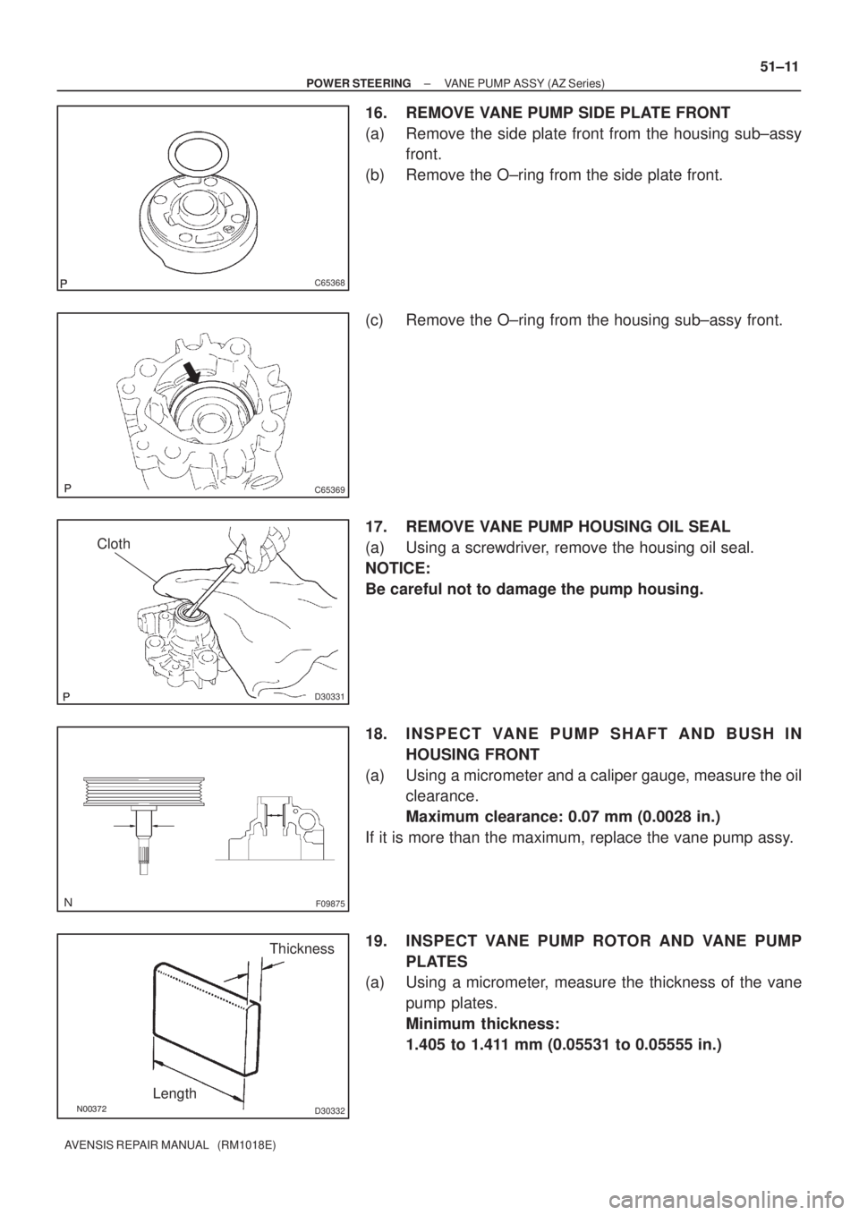 TOYOTA AVENSIS 2002  Repair Manual C65368
C65369
D30331
Cloth
F09875
D30332
LengthThickness
± POWER STEERINGVANE PUMP ASSY (AZ Series)
51±11
AVENSIS REPAIR MANUAL   (RM1018E)
16. REMOVE VANE PUMP SIDE PLATE FRONT
(a) Remove the