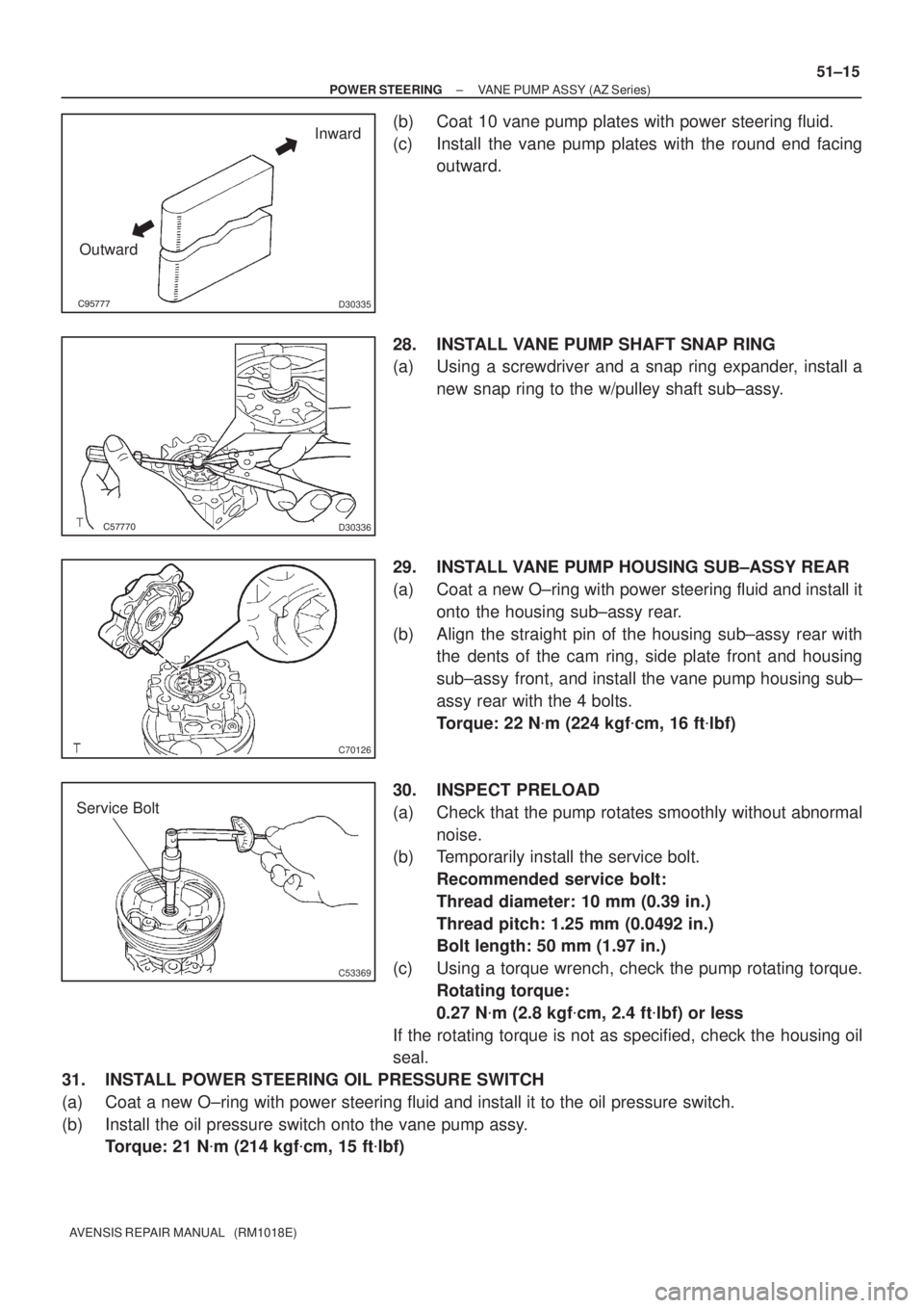 TOYOTA AVENSIS 2002  Repair Manual D30335
Inward
Outward
D30336
C70126
C53369
Service Bolt
± POWER STEERINGVANE PUMP ASSY (AZ Series)
51±15
AVENSIS REPAIR MANUAL   (RM1018E)
(b) Coat 10 vane pump plates with power steerin
