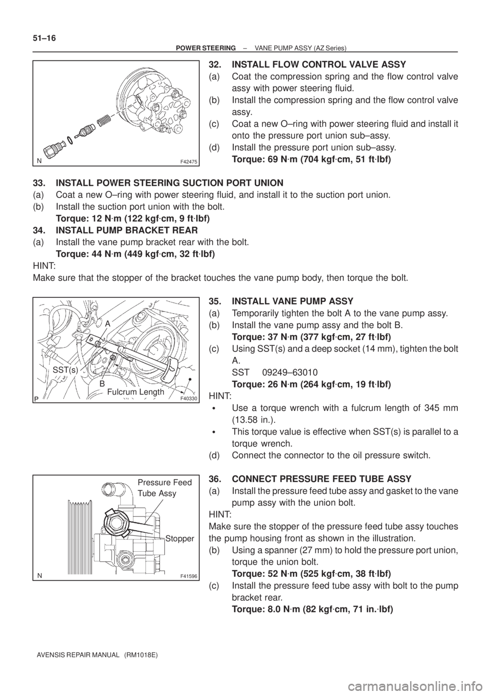 TOYOTA AVENSIS 2002  Repair Manual F42475
F40330
A
SST(s)
BFulcrum Length
F41596
Pressure Feed 
Tube Assy
Stopper
51±16
± POWER STEERINGVANE PUMP ASSY (AZ Series)
AVENSIS REPAIR MANUAL   (RM1018E)
32. INSTALL FLOW CONTROL VALVE ASSY
