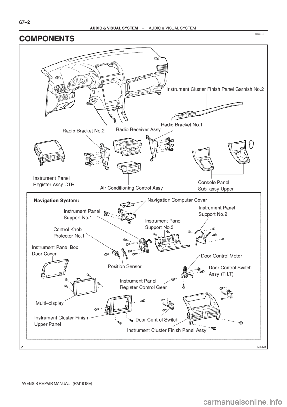 TOYOTA AVENSIS 2002  Repair Manual 670S5±01
I35223
Instrument Cluster Finish Panel Garnish No.2
Radio Bracket No.2Radio Receiver Assy
Instrument Panel 
Register Assy CTR
Air Conditioning Control AssyConsole Panel 
Sub±assy Upper
Navi