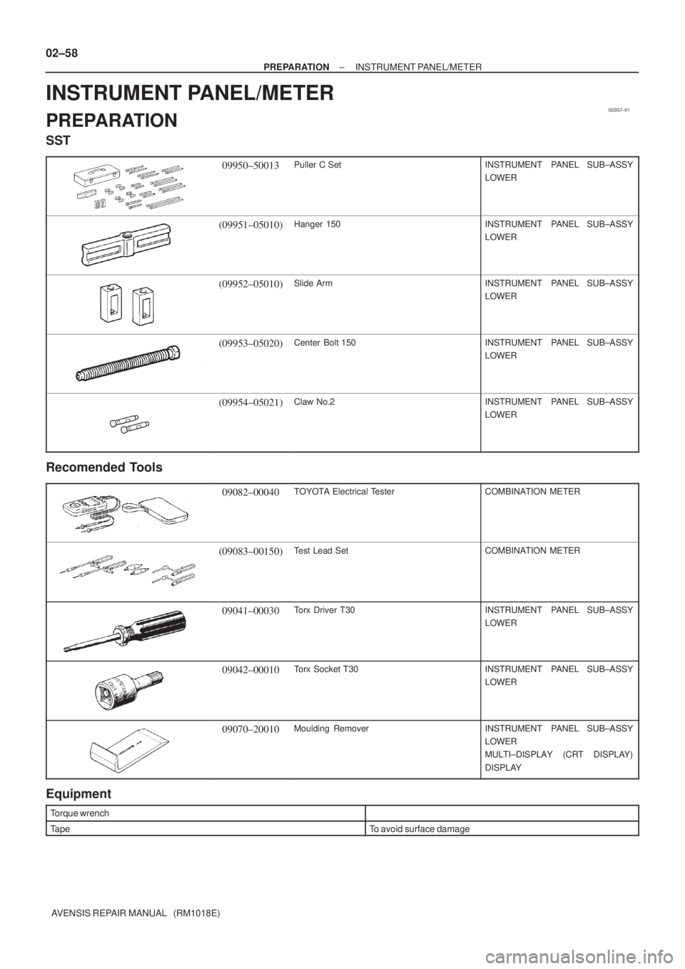 TOYOTA AVENSIS 2002 Repair Manual 022G7±01
02±58
± PREPARATIONINSTRUMENT PANEL/METER
AVENSIS REPAIR MANUAL (RM1018E)
INSTRUMENT PANEL/METER
PREPARATION
SST
09950±50013Puller C SetINSTRUMENT PANEL SUB±ASSY
LOWER
(09951±05010)H TOYOTA AVENSIS 2002 Repair Manual 022G7±01
02±58
± PREPARATIONINSTRUMENT PANEL/METER
AVENSIS REPAIR MANUAL (RM1018E)
INSTRUMENT PANEL/METER
PREPARATION
SST
09950±50013Puller C SetINSTRUMENT PANEL SUB±ASSY
LOWER
(09951±05010)H