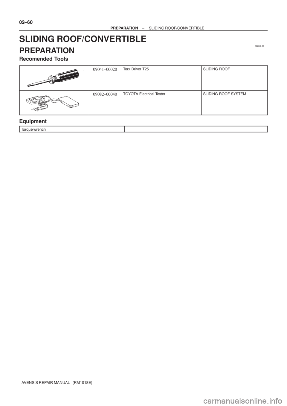 TOYOTA AVENSIS 2002  Repair Manual 022KO±01
02±60
± PREPARATIONSLIDING ROOF/CONVERTIBLE
AVENSIS REPAIR MANUAL   (RM1018E)
SLIDING ROOF/CONVERTIBLE
PREPARATION
Recomended Tools
09041±00020Torx Driver T25SLIDING ROOF
09082±00040TOYO