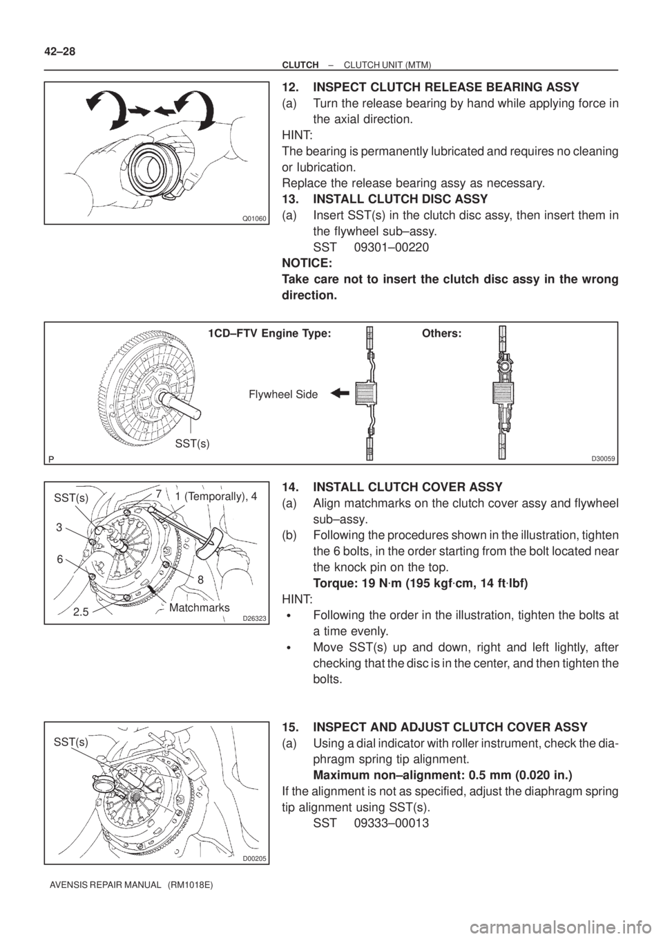 TOYOTA AVENSIS 2002  Repair Manual Q01060
D30059
1CD±FTV Engine Type: Others:
Flywheel Side
SST(s)
D26323
SST(s)
Matchmarks 7
1 (Temporally), 4
3
6
2.58
D00205
SST(s)
42±28
± CLUTCHCLUTCH UNIT (MTM)
AVENSIS REPAIR MANUAL   (RM1018E)