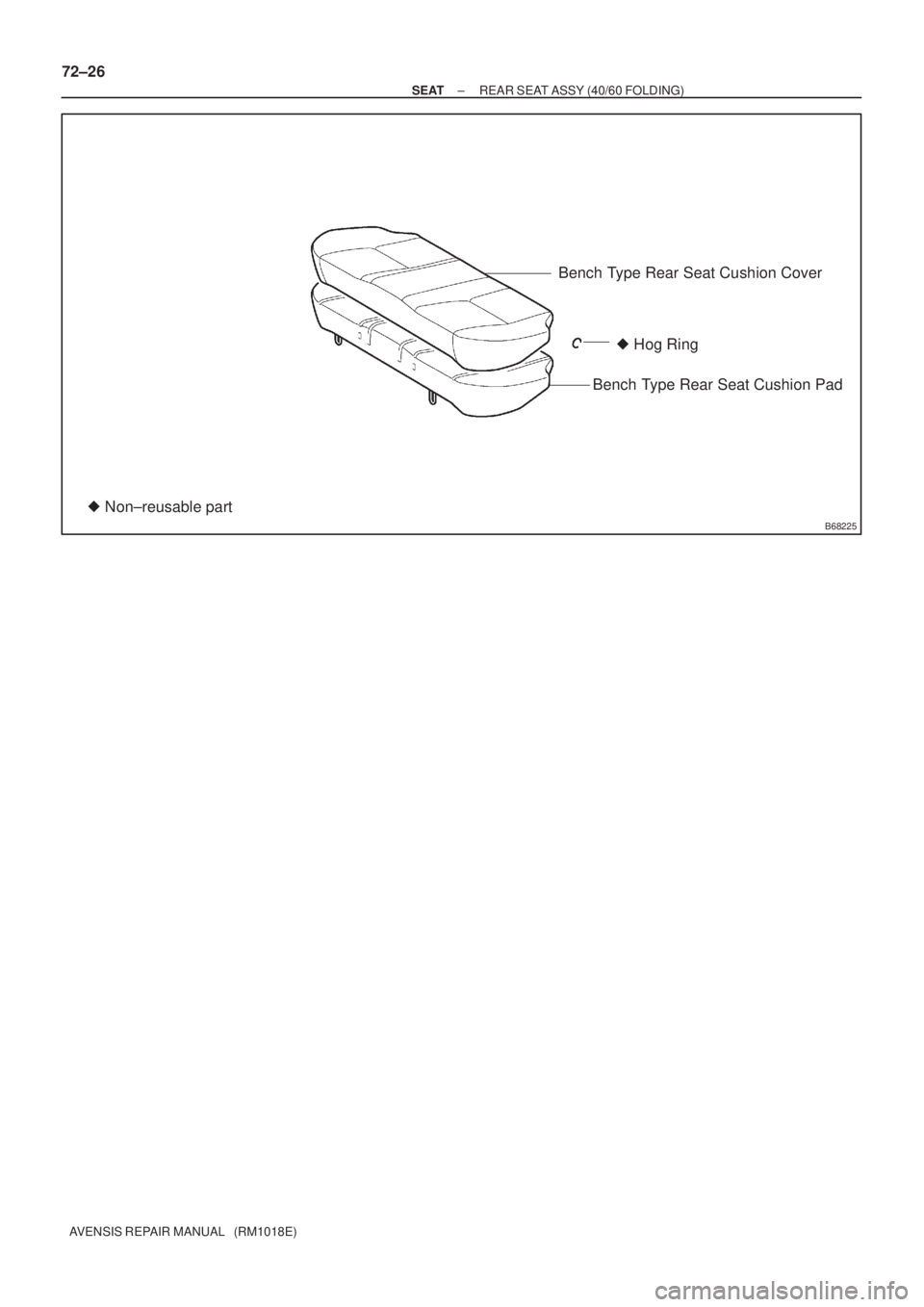 TOYOTA AVENSIS 2002  Repair Manual B68225
Bench Type Rear Seat Cushion Cover
Bench Type Rear Seat Cushion Pad Hog Ring
 Non±reusable part
72±26
± SEATREAR SEAT ASSY (40/60 FOLDING)
AVENSIS REPAIR MANUAL   (RM1018E) 