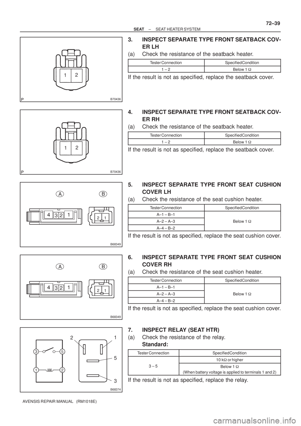 TOYOTA AVENSIS 2002  Repair Manual B70436
12
B70436
12
1 2
B68349
AB
1 2
B68349
AB
B68374
21
5
3
± SEATSEAT HEATER SYSTEM
72±39
AVENSIS REPAIR MANUAL   (RM1018E)
3. INSPECT SEPARATE TYPE FRONT SEATBACK COV-
ER LH
(a) Check the resist