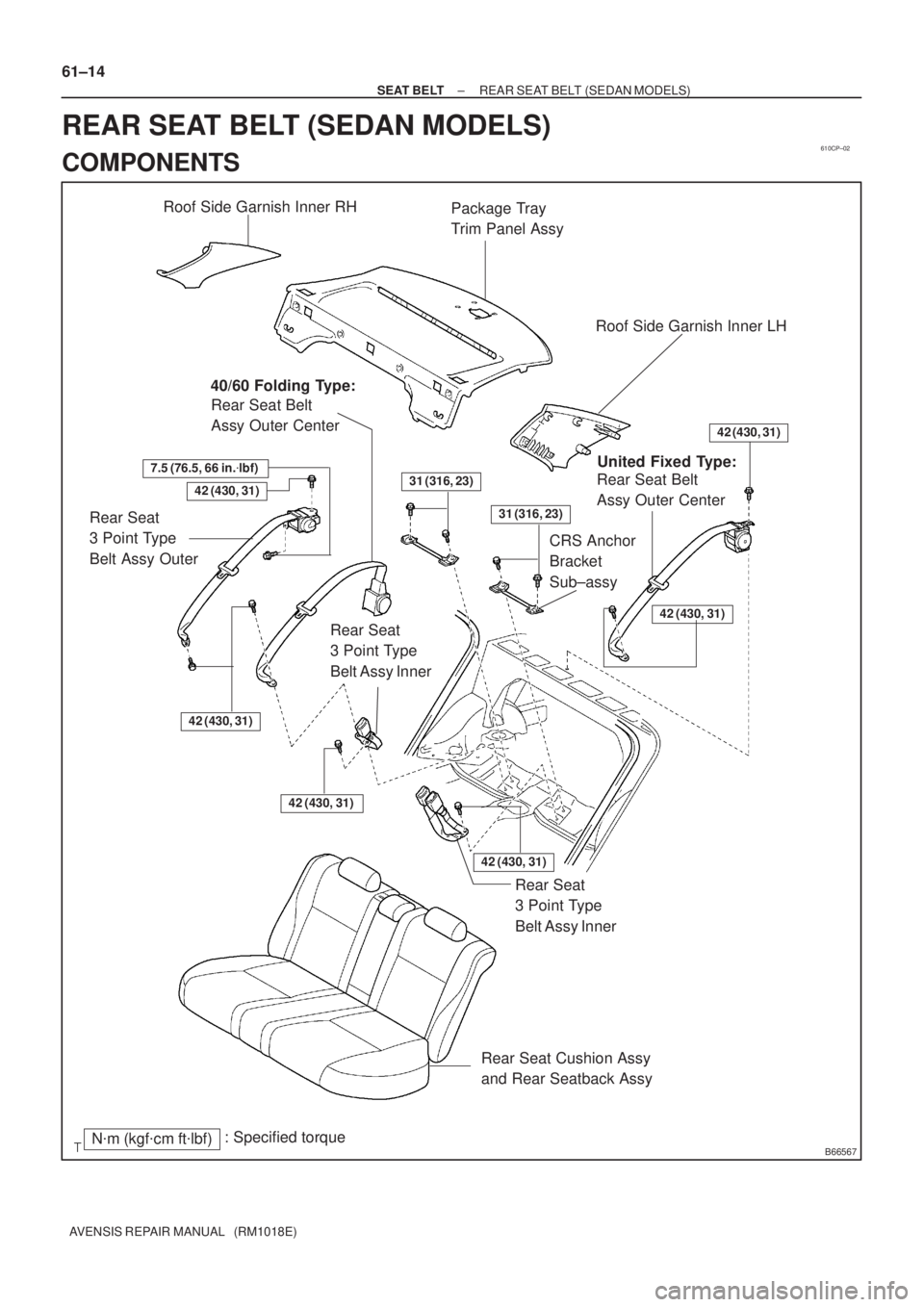 TOYOTA AVENSIS 2002  Repair Manual 610CP±02
B66567
42 (430, 31)
42 (430, 31)
Nm (kgfcm ftlbf): Specified torqueRear Seat Cushion Assy
and Rear Seatback Assy
42 (430, 31)
Rear Seat
3 Point Type
Belt Assy OuterRear Seat Belt
Assy Out