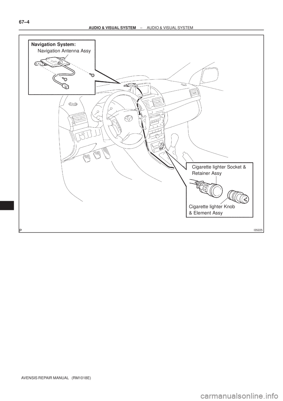 TOYOTA AVENSIS 2002 User Guide I35225
Navigation System:
Navigation Antenna Assy
Cigarette lighter Socket & 
Retainer Assy
Cigarette lighter Knob 
& Element Assy 67±4
± AUDIO & VISUAL SYSTEMAUDIO & VISUAL SYSTEM
AVENSIS REPAIR MA