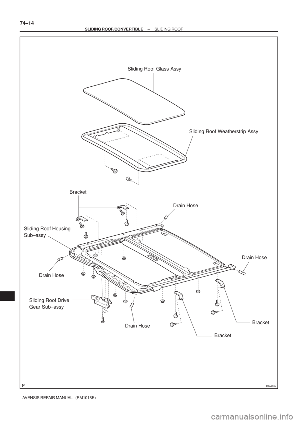 TOYOTA AVENSIS 2002  Repair Manual B67837
Sliding Roof Glass Assy
Sliding Roof Weatherstrip Assy
Bracket
BracketBracket Sliding Roof Drive
Gear Sub±assy
Sliding Roof Housing
Sub±assy
Drain Hose
Drain Hose
Drain Hose Drain Hose
74±14