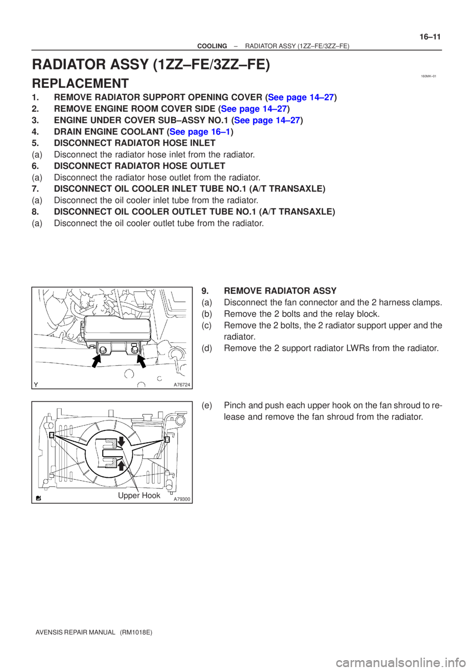 TOYOTA AVENSIS 2002  Repair Manual 160MK±01
A76724
A79300Upper Hook
±
COOLING RADIATOR ASSY(1ZZ±FE/3ZZ±FE)
16±11
AVENSIS REPAIR MANUAL   (RM1018E)
RADIATOR ASSY(1ZZ±FE/3ZZ±FE)
REPLACEMENT
1.REMOVE RADIATOR SUPPORT OPENING COVER 