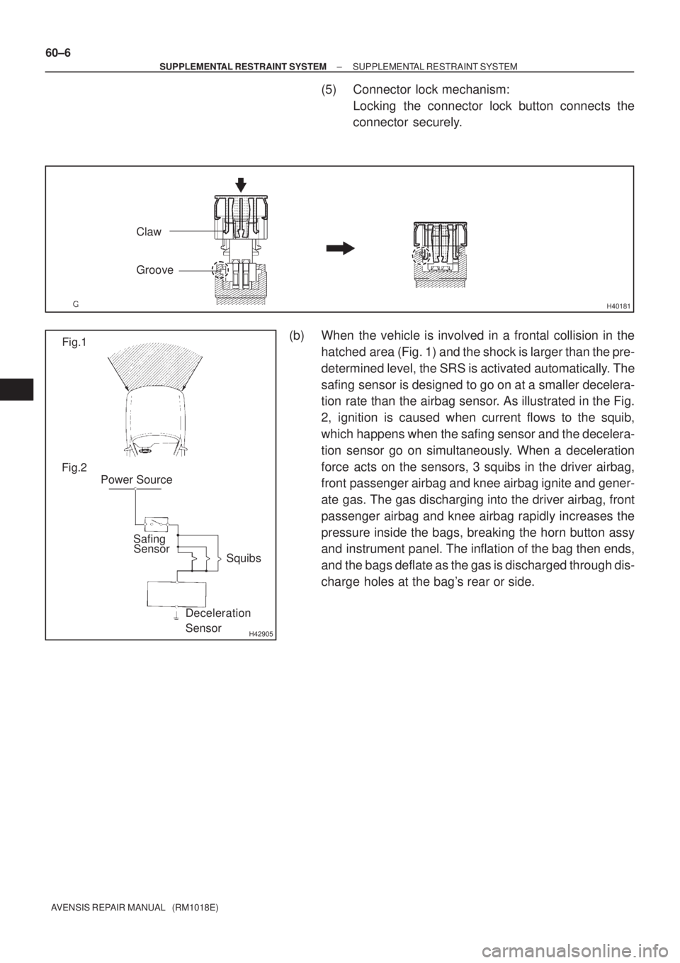 TOYOTA AVENSIS 2002  Repair Manual H40181
Claw
Groove
H42905
Fig.1
Fig.2
Power Source
Safing
Sensor
Squibs
Deceleration
Sensor 60±6
± SUPPLEMENTAL RESTRAINT SYSTEMSUPPLEMENTAL RESTRAINT SYSTEM
AVENSIS REPAIR MANUAL   (RM1018E)
(5) Co