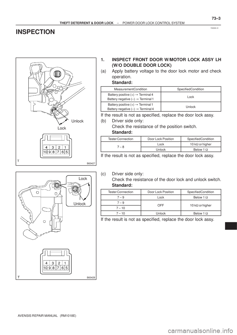TOYOTA AVENSIS 2002  Repair Manual 730GW±01
B65427
Unlock
Lock
B65428
UnlockLock
± THEFT DETERRENT & DOOR LOCKPOWER DOOR LOCK CONTROL SYSTEM
73±3
AVENSIS REPAIR MANUAL   (RM1018E)
INSPECTION
1. INSPECT FRONT DOOR W/MOTOR LOCK ASSY L