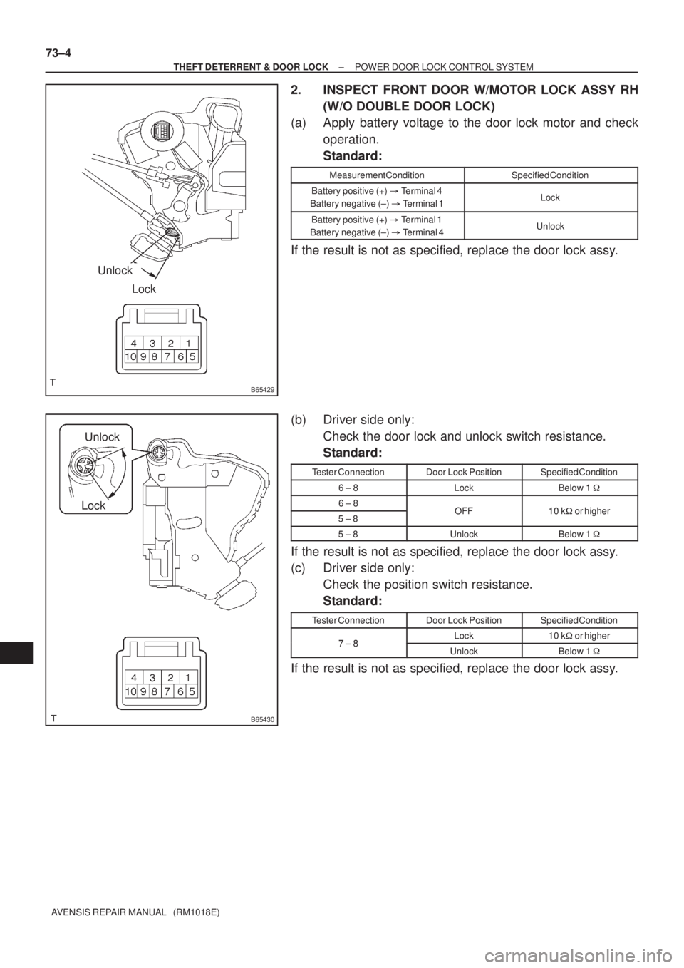 TOYOTA AVENSIS 2002 Repair Manual B65429
Unlock
Lock
B65430
Unlock
Lock 73±4
± THEFT DETERRENT & DOOR LOCKPOWER DOOR LOCK CONTROL SYSTEM
AVENSIS REPAIR MANUAL (RM1018E)
2. INSPECT FRONT DOOR W/MOTOR LOCK ASSY RH
(W/O DOUBLE DOOR L TOYOTA AVENSIS 2002 Repair Manual B65429
Unlock
Lock
B65430
Unlock
Lock 73±4
± THEFT DETERRENT & DOOR LOCKPOWER DOOR LOCK CONTROL SYSTEM
AVENSIS REPAIR MANUAL (RM1018E)
2. INSPECT FRONT DOOR W/MOTOR LOCK ASSY RH
(W/O DOUBLE DOOR L