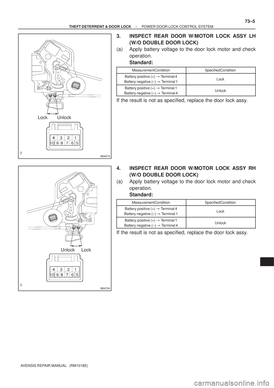 TOYOTA AVENSIS 2002 Repair Manual B64474
Unlock Lock
B64704
Unlock Lock
± THEFT DETERRENT & DOOR LOCKPOWER DOOR LOCK CONTROL SYSTEM
73±5
AVENSIS REPAIR MANUAL (RM1018E)
3. INSPECT REAR DOOR W/MOTOR LOCK ASSY LH
(W/O DOUBLE DOOR LO TOYOTA AVENSIS 2002 Repair Manual B64474
Unlock Lock
B64704
Unlock Lock
± THEFT DETERRENT & DOOR LOCKPOWER DOOR LOCK CONTROL SYSTEM
73±5
AVENSIS REPAIR MANUAL (RM1018E)
3. INSPECT REAR DOOR W/MOTOR LOCK ASSY LH
(W/O DOUBLE DOOR LO