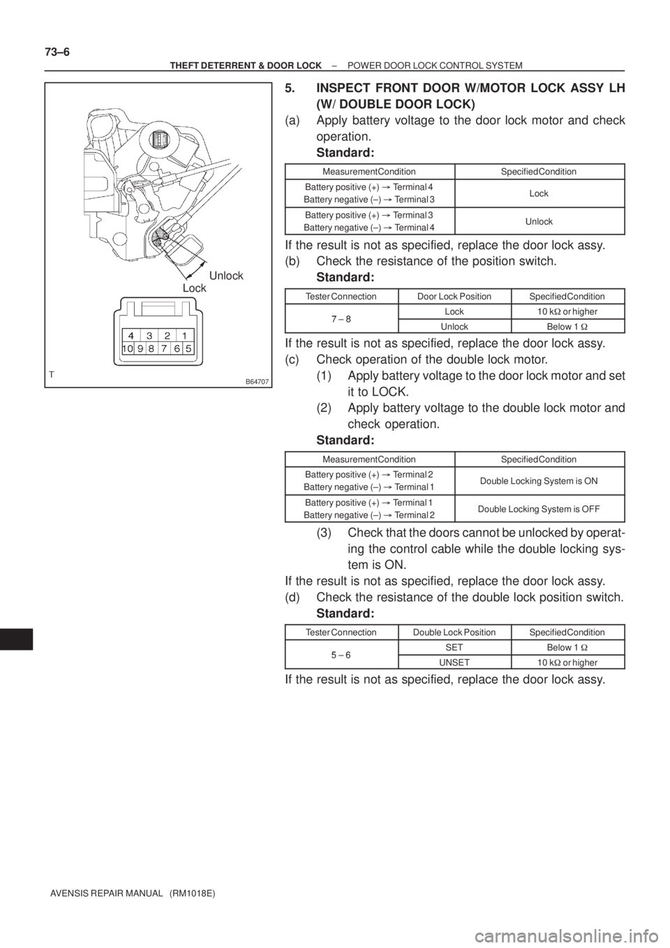 TOYOTA AVENSIS 2002 Repair Manual B64707
Unlock
Lock 73±6
± THEFT DETERRENT & DOOR LOCKPOWER DOOR LOCK CONTROL SYSTEM
AVENSIS REPAIR MANUAL (RM1018E)
5. INSPECT FRONT DOOR W/MOTOR LOCK ASSY LH
(W/ DOUBLE DOOR LOCK)
(a) Apply batte TOYOTA AVENSIS 2002 Repair Manual B64707
Unlock
Lock 73±6
± THEFT DETERRENT & DOOR LOCKPOWER DOOR LOCK CONTROL SYSTEM
AVENSIS REPAIR MANUAL (RM1018E)
5. INSPECT FRONT DOOR W/MOTOR LOCK ASSY LH
(W/ DOUBLE DOOR LOCK)
(a) Apply batte
