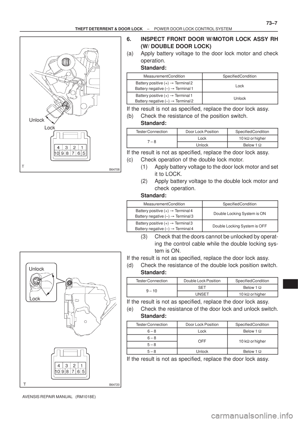 TOYOTA AVENSIS 2002 Repair Manual B64708
Lock Unlock
B64720
Unlock
Lock
± THEFT DETERRENT & DOOR LOCKPOWER DOOR LOCK CONTROL SYSTEM
73±7
AVENSIS REPAIR MANUAL (RM1018E)
6. INSPECT FRONT DOOR W/MOTOR LOCK ASSY RH
(W/ DOUBLE DOOR LO TOYOTA AVENSIS 2002 Repair Manual B64708
Lock Unlock
B64720
Unlock
Lock
± THEFT DETERRENT & DOOR LOCKPOWER DOOR LOCK CONTROL SYSTEM
73±7
AVENSIS REPAIR MANUAL (RM1018E)
6. INSPECT FRONT DOOR W/MOTOR LOCK ASSY RH
(W/ DOUBLE DOOR LO