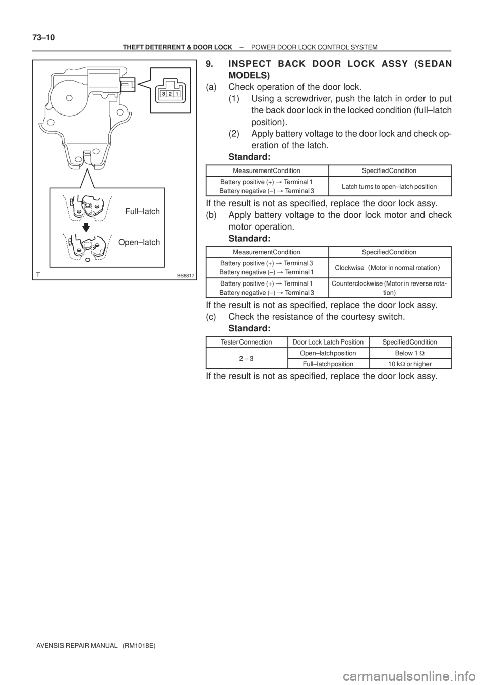 TOYOTA AVENSIS 2002 Repair Manual B66817
Full±latch
Open±latch 73±10
± THEFT DETERRENT & DOOR LOCKPOWER DOOR LOCK CONTROL SYSTEM
AVENSIS REPAIR MANUAL (RM1018E)
9. INSPECT BACK DOOR LOCK ASSY (SEDAN
MODELS)
(a) Check operation o TOYOTA AVENSIS 2002 Repair Manual B66817
Full±latch
Open±latch 73±10
± THEFT DETERRENT & DOOR LOCKPOWER DOOR LOCK CONTROL SYSTEM
AVENSIS REPAIR MANUAL (RM1018E)
9. INSPECT BACK DOOR LOCK ASSY (SEDAN
MODELS)
(a) Check operation o