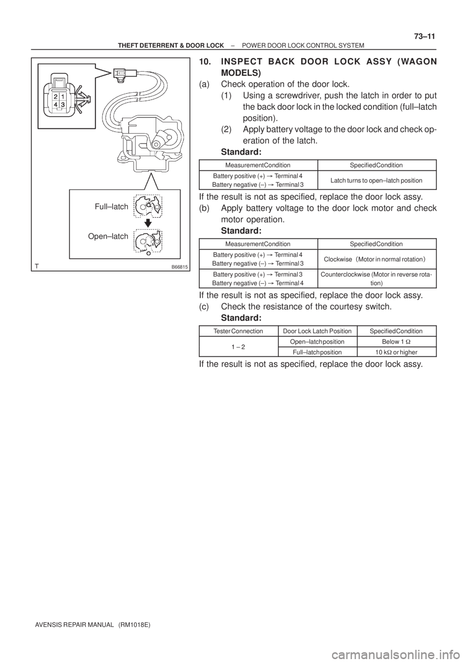 TOYOTA AVENSIS 2002 Repair Manual B66815
Full±latch
Open±latch
± THEFT DETERRENT & DOOR LOCKPOWER DOOR LOCK CONTROL SYSTEM
73±11
AVENSIS REPAIR MANUAL (RM1018E)
10. INSPECT BACK DOOR LOCK ASSY (WAGON
MODELS)
(a) Check operation TOYOTA AVENSIS 2002 Repair Manual B66815
Full±latch
Open±latch
± THEFT DETERRENT & DOOR LOCKPOWER DOOR LOCK CONTROL SYSTEM
73±11
AVENSIS REPAIR MANUAL (RM1018E)
10. INSPECT BACK DOOR LOCK ASSY (WAGON
MODELS)
(a) Check operation