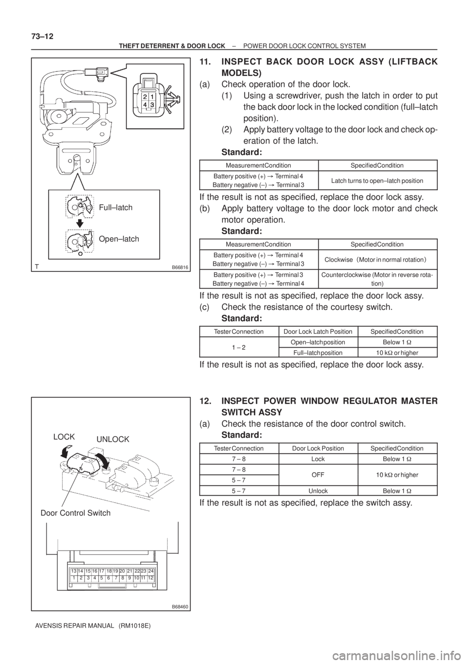 TOYOTA AVENSIS 2002 Repair Manual B66816
Full±latch
Open±latch
B68460
LOCK
UNLOCK
Door Control Switch
123 6 745 8918 19 22 2320 21 24
10 11 14 15
12 13 16 17
73±12
± THEFT DETERRENT & DOOR LOCKPOWER DOOR LOCK CONTROL SYSTEM
AVENSI TOYOTA AVENSIS 2002 Repair Manual B66816
Full±latch
Open±latch
B68460
LOCK
UNLOCK
Door Control Switch
123 6 745 8918 19 22 2320 21 24
10 11 14 15
12 13 16 17
73±12
± THEFT DETERRENT & DOOR LOCKPOWER DOOR LOCK CONTROL SYSTEM
AVENSI