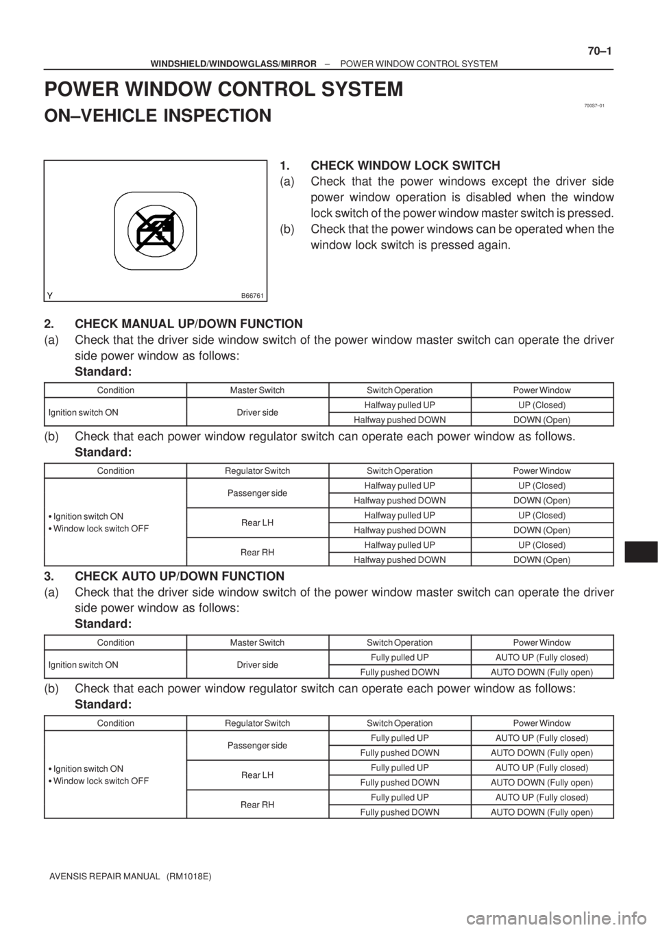 TOYOTA AVENSIS 2002  Repair Manual 700S7±01
B66761
± WINDSHIELD/WINDOWGLASS/MIRRORPOWER WINDOW CONTROL SYSTEM
70±1
AVENSIS REPAIR MANUAL   (RM1018E)
POWER WINDOW CONTROL SYSTEM
ON±VEHICLE INSPECTION
1. CHECK WINDOW LOCK SWITCH
(a) 