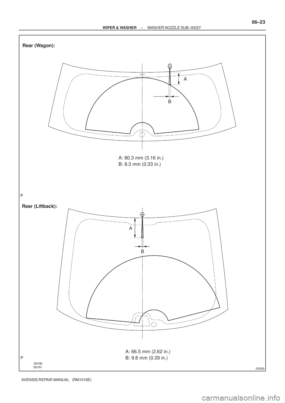 TOYOTA AVENSIS 2002  Repair Manual 

I35926
A: 80.3 mm (3.16 in.)
B: 8.3 mm (0.33 in.)
Rear (Liftback):Rear (Wagon):
A: 66.5 mm (2.62 in.)
B: 9.8 mm (0.39 in.)
A
B
A
B
± WIPER & WASHERWASHER NOZZLE SUB±ASSY
66±23
AVENSIS