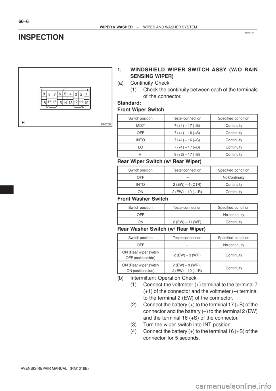 TOYOTA AVENSIS 2002  Repair Manual 660CM±01
E65758
66±6
± WIPER & WASHERWIPER AND WASHER SYSTEM
AVENSIS REPAIR MANUAL   (RM1018E)
INSPECTION
1. WINDSHIELD WIPER SWITCH ASSY (W/O RAIN
SENSING WIPER)
(a) Continuity Check
(1) Check the