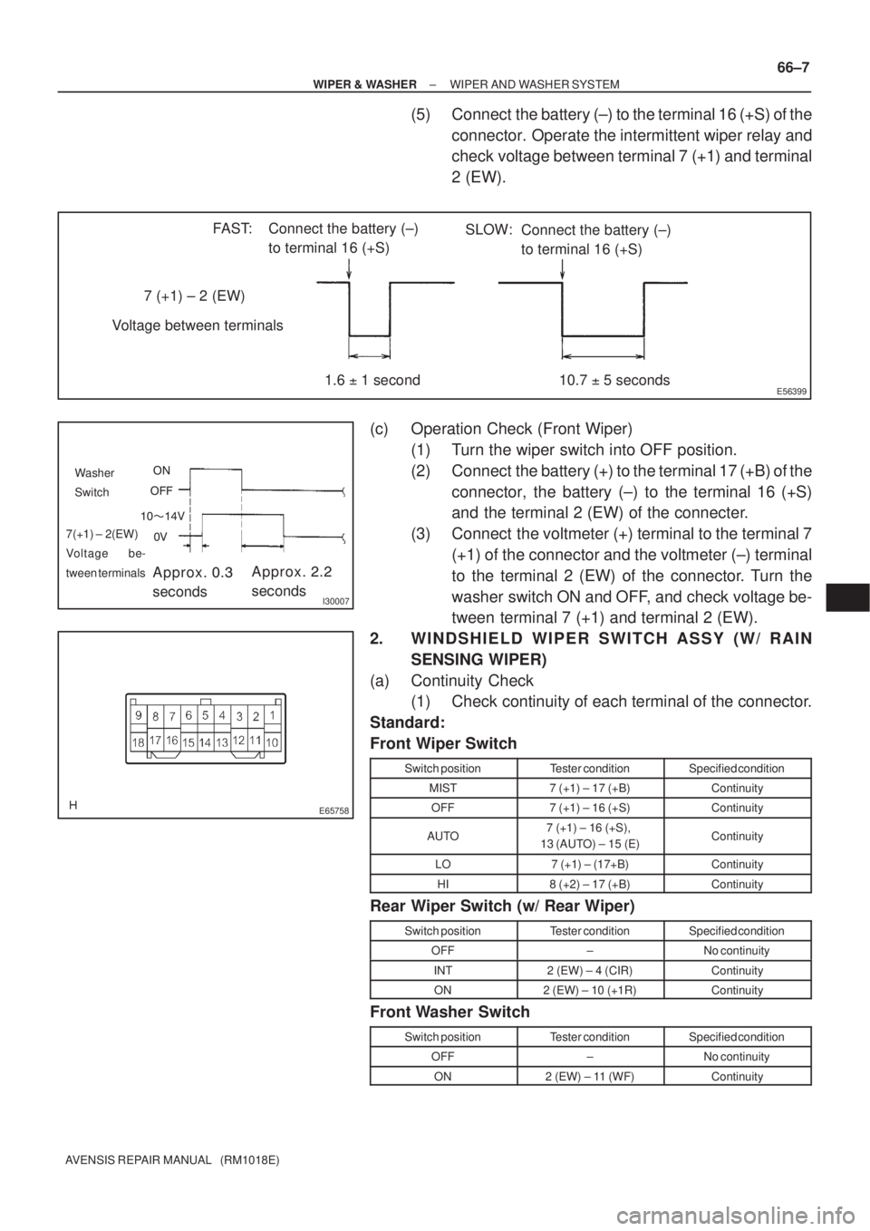 TOYOTA AVENSIS 2002  Repair Manual E56399
7 (+1) ± 2 (EW)
Voltage between terminals
10.7 5 seconds Connect the battery (±)
to terminal 16 (+S) FAST:
1.6 1 secondSLOW:
Connect the battery (±)
to terminal 16 (+S)
	
	




I3