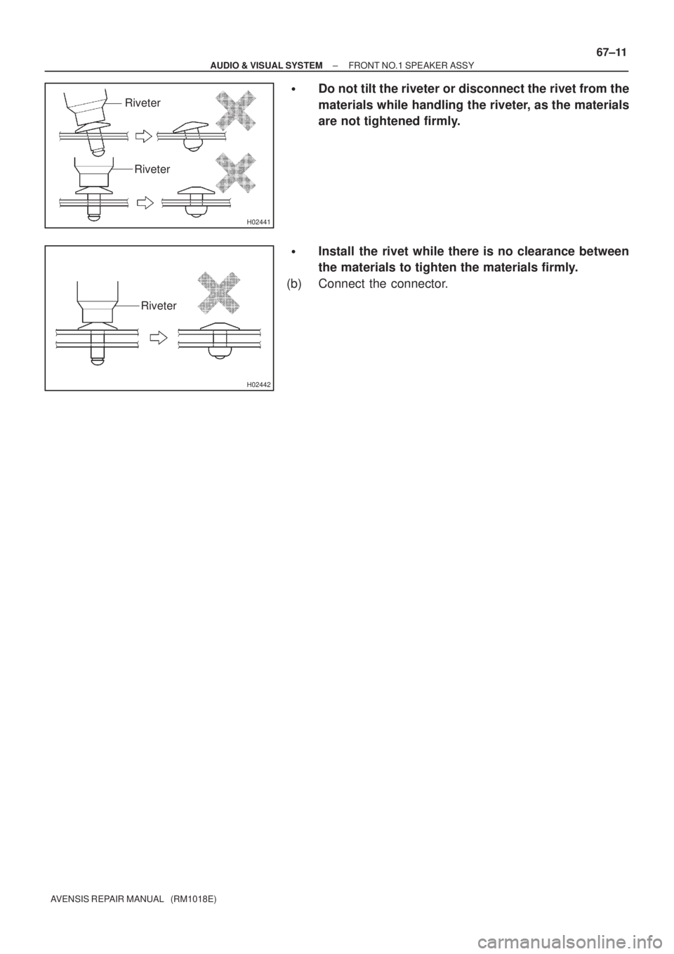 TOYOTA AVENSIS 2002 User Guide H02441
Riveter
Riveter
H02442
Riveter
± AUDIO & VISUAL SYSTEMFRONT NO.1 SPEAKER ASSY
67±11
AVENSIS REPAIR MANUAL   (RM1018E)
Do not tilt the riveter or disconnect the rivet from the
materials while