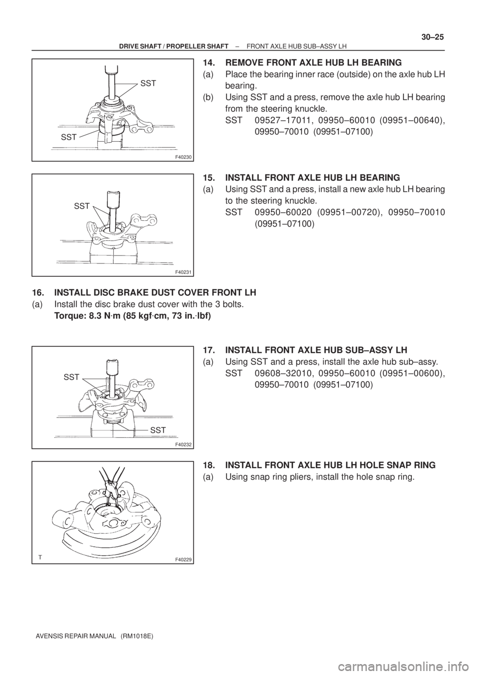 TOYOTA AVENSIS 2002  Repair Manual F40230
SST
SST
F40231
SST
F40232
SST
SST
F40229
± DRIVE SHAFT / PROPELLER SHAFTFRONT AXLE HUB SUB±ASSY LH
30±25
AVENSIS REPAIR MANUAL   (RM1018E)
14. REMOVE FRONT AXLE HUB LH BEARING
(a) Place the 