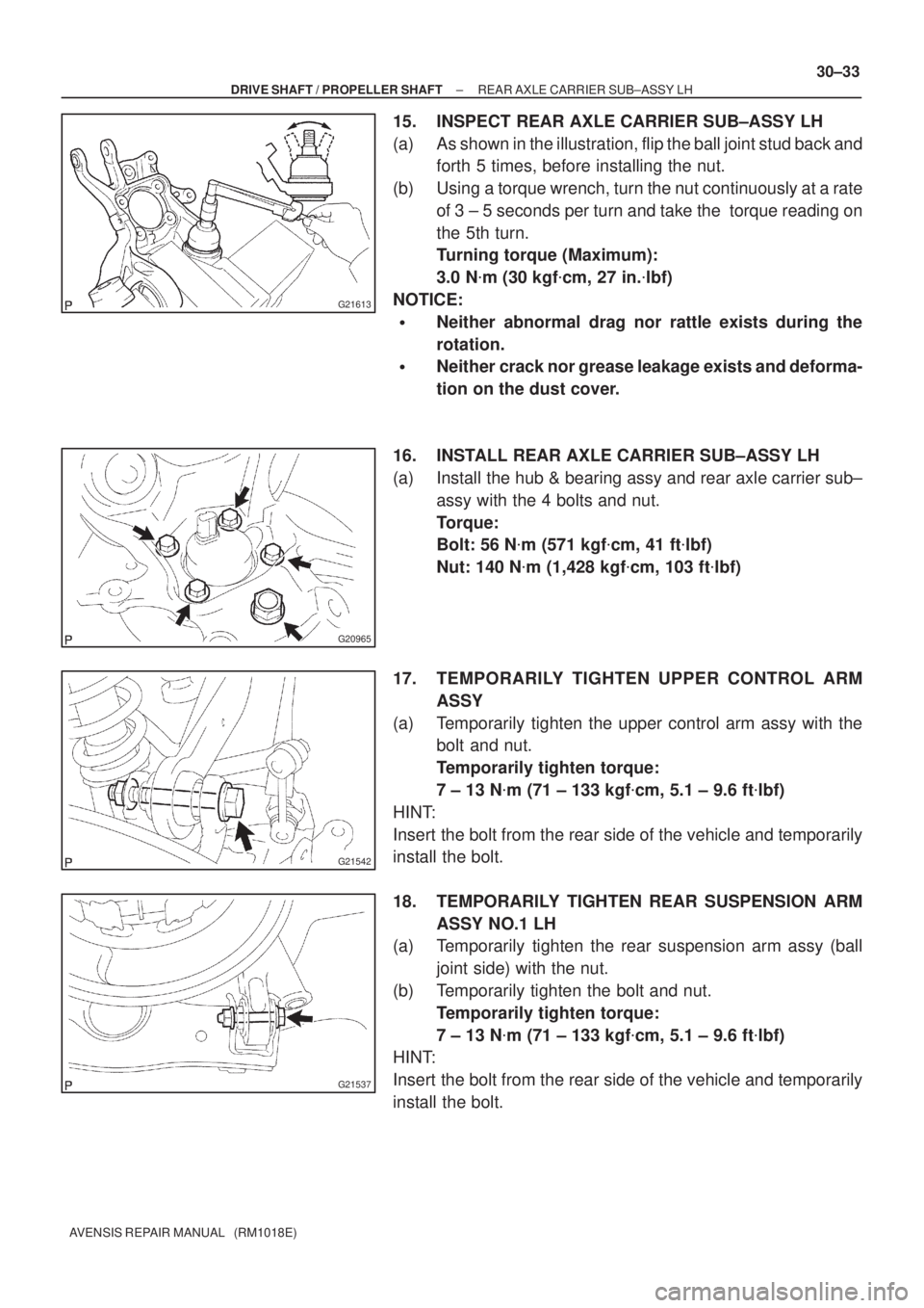 TOYOTA AVENSIS 2002  Repair Manual G21613
G20965
G21542
G21537
± DRIVE SHAFT / PROPELLER SHAFTREAR AXLE CARRIER SUB±ASSY LH
30±33
AVENSIS REPAIR MANUAL   (RM1018E)
15. INSPECT REAR AXLE CARRIER SUB±ASSY LH
(a) As shown in the illus