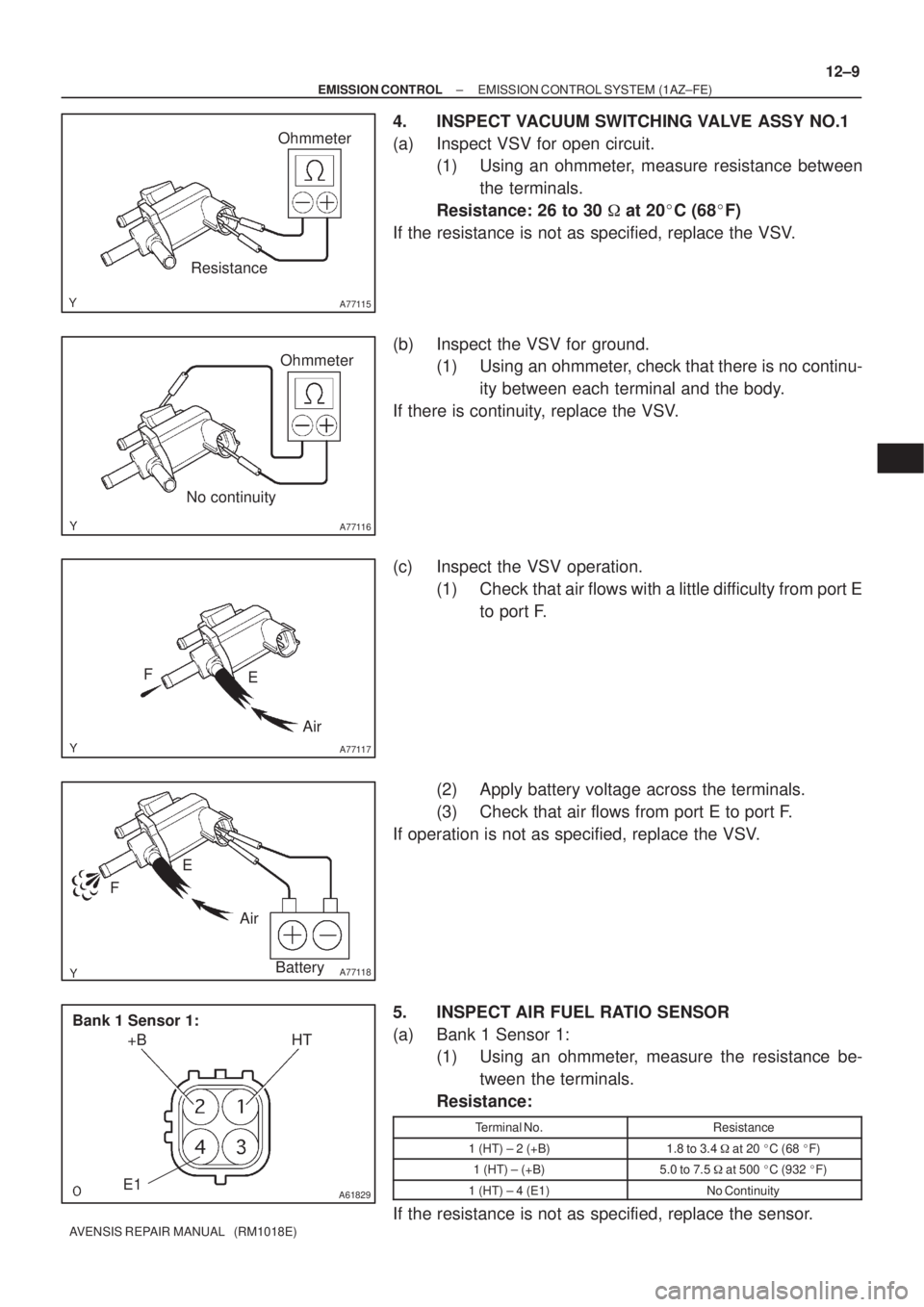 TOYOTA AVENSIS 2002  Repair Manual A77115
Ohmmeter
Resistance
A77116
Ohmmeter
No continuity
A77117
Air E F
A77118
Air E
F
Battery
A61829
+B HT
E1 Bank 1 Sensor 1:
± EMISSION CONTROLEMISSION CONTROL SYSTEM (1AZ±FE)
12±9
AVENSIS REPAI