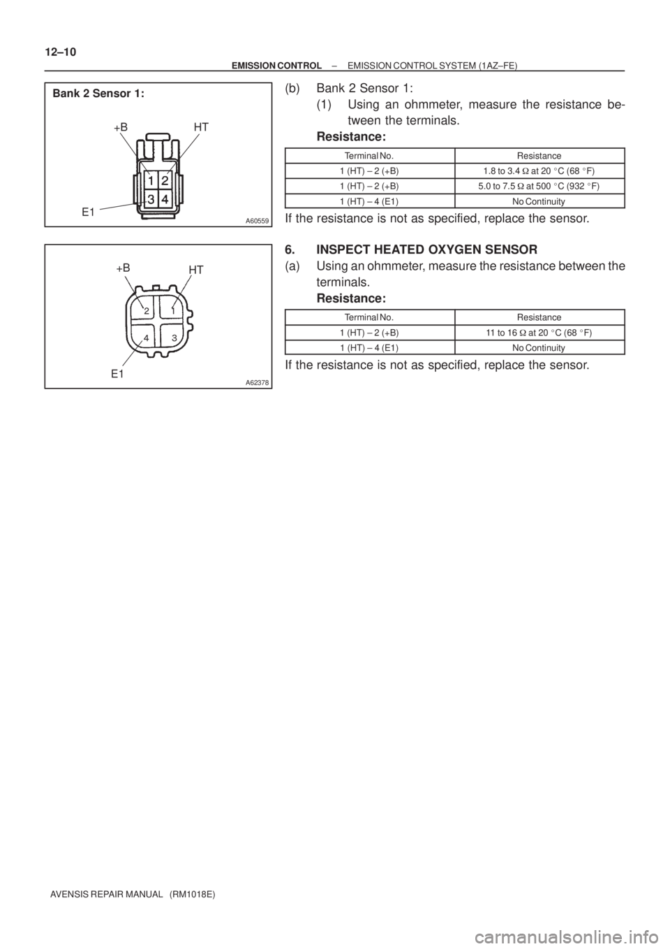 TOYOTA AVENSIS 2002  Repair Manual A60559
+B HT
Bank 2 Sensor 1:
E1
A62378
+B
HT
E1
 
 
12±10
± EMISSION CONTROLEMISSION CONTROL SYSTEM (1AZ±FE)
AVENSIS REPAIR MANUAL   (RM1018E)
(b) Bank 2 Sensor 1:
(1) Using an ohmmeter, measu