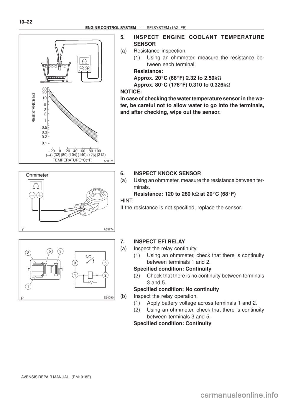 TOYOTA AVENSIS 2002  Repair Manual TEMPERATUREC(F)
RESISTANCE k
30
20
10
5
2
1
0.5
0.3
0.2
0.13
±20 0 20 40 60 80 100
(±4)(32) (80) (140)(104) (212)
(176)
A50371
A65174
Ohmmeter
E34090
10±22
± ENGINE CONTROL SYSTEMSFI SYSTEM (1A