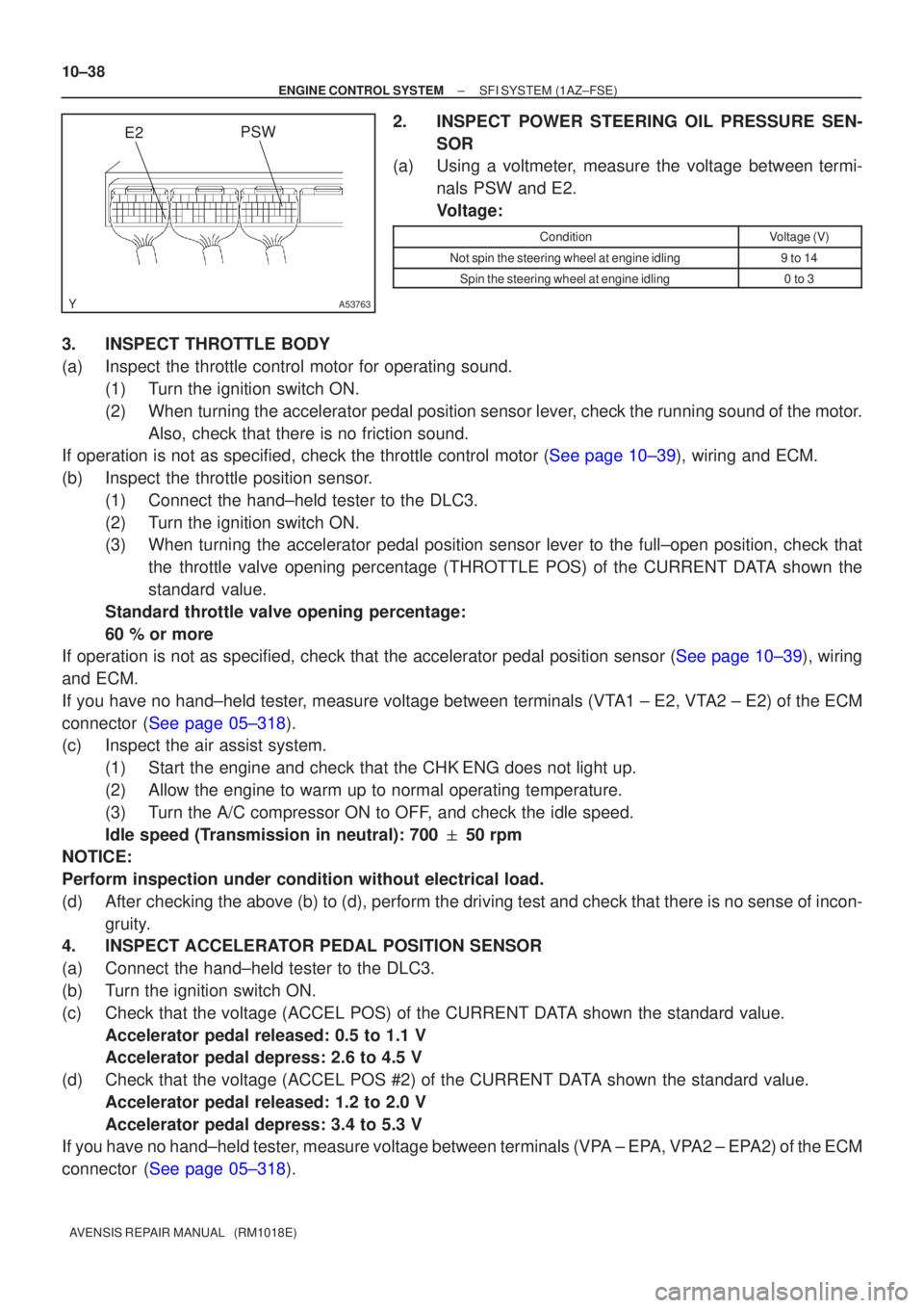 TOYOTA AVENSIS 2002  Repair Manual A53763
E2PSW
10±38
±
ENGINE CONTROL SYSTEM SFI SYSTEM(1AZ±FSE)
AVENSIS REPAIR MANUAL   (RM1018E)
2.INSPECT POWER STEERING OIL PRESSURE SEN- SOR
(a)Using a voltmeter, measure the voltage between ter