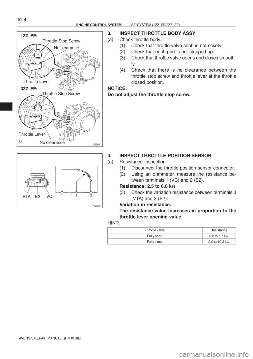 TOYOTA AVENSIS 2002  Repair Manual A60621
3ZZ±FE: 1ZZ±FE:
Throttle Stop Screw
Throttle Lever
Throttle Stop Screw
Throttle Lever
No clearance
No clearance
A60551
VTA
E2VC
10±4
± ENGINE CONTROL SYSTEMSFI SYSTEM (1ZZ±FE/3ZZ±FE)
AVEN