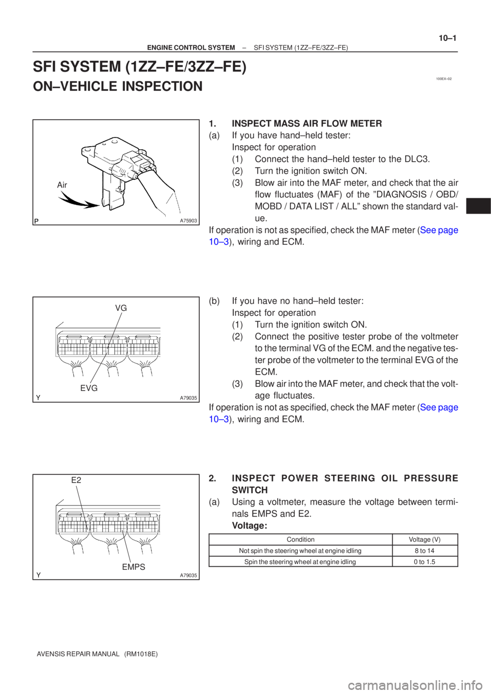 TOYOTA AVENSIS 2002  Repair Manual 100EX±02
A75903
Air
A79035
VG
EVG
A79035
E2
EMPS
±
ENGINE CONTROL SYSTEM SFI SYSTEM(1ZZ±FE/3ZZ±FE)
10±1
AVENSIS REPAIR MANUAL   (RM1018E)
SFI SYSTEM(1ZZ±FE/3ZZ±FE)
ON±VEHICLE INSPECTION
1.INSP