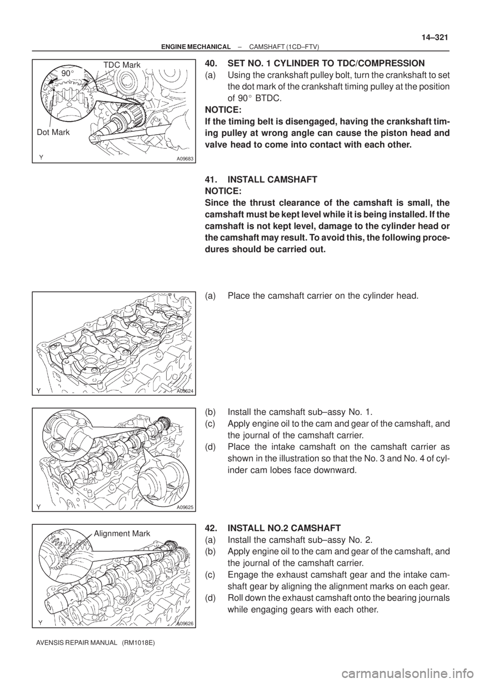TOYOTA AVENSIS 2002  Repair Manual 90
A09683
TDC Mark
Dot Mark
A09624
A09625
A09626
Alignment Mark
± ENGINE MECHANICALCAMSHAFT (1CD±FTV)
14±321
AVENSIS REPAIR MANUAL   (RM1018E)
40. SET NO. 1 CYLINDER TO TDC/COMPRESSION
(a) Using t
