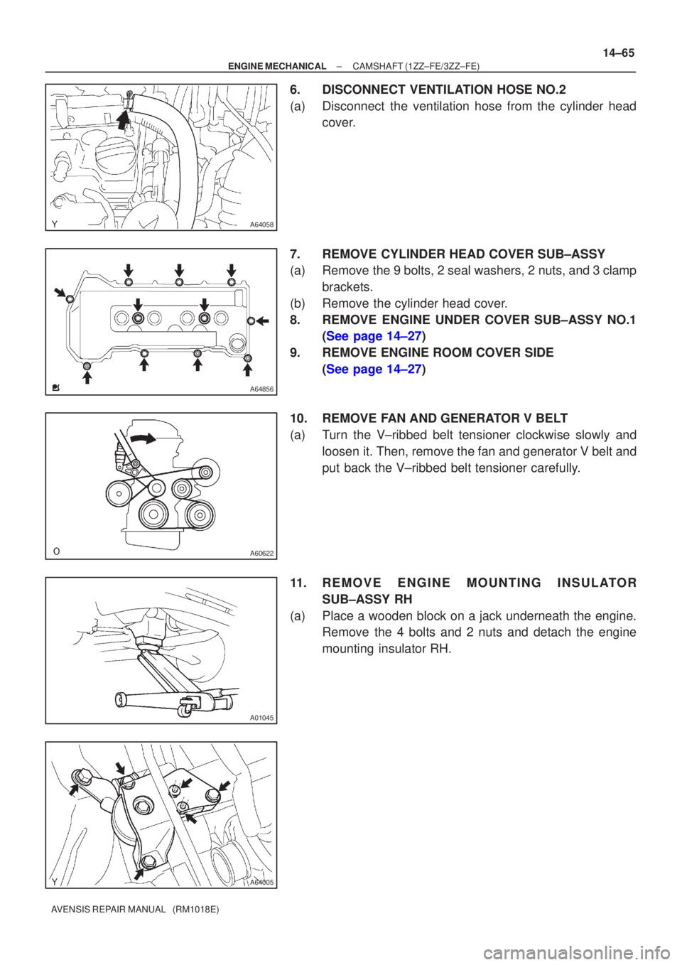 TOYOTA AVENSIS 2002  Repair Manual A64058
A64856
A60622
A01045
A64005
±
ENGINE MECHANICAL CAMSHAFT(1ZZ±FE/3ZZ±FE)
14±65
AVENSIS REPAIR MANUAL   (RM1018E)
6.DISCONNECT VENTILATION HOSE NO.2
(a)Disconnect the ventilation hose from th