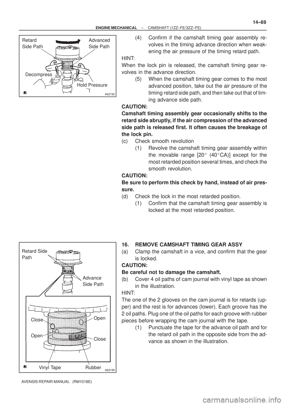 TOYOTA AVENSIS 2002  Repair Manual A62192
Hold Pressure
DecompressAdvanced 
Side Path Retard 
Side Path
A62190
Advance 
Side Path Retard Side 
Path
Open
Close
Rubber Vinyl Tape Open Close
± ENGINE MECHANICALCAMSHAFT (1ZZ±FE/3ZZ±FE)

