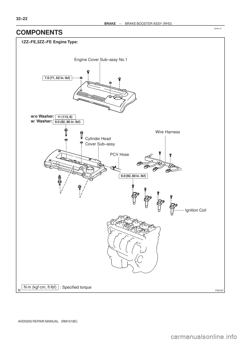 TOYOTA AVENSIS 2002  Repair Manual 320W3±01
F45167
Engine Cover Sub±assy No.1
1ZZ±FE,3ZZ±FE  Engine Type:
Wire Harness
Ignition Coil Cylinder Head
Cover Sub±assy
7.0 (71, 62 in.lbf)
PCV Hose
Nm (kgfcm, ftlbf)
: Specified torqu