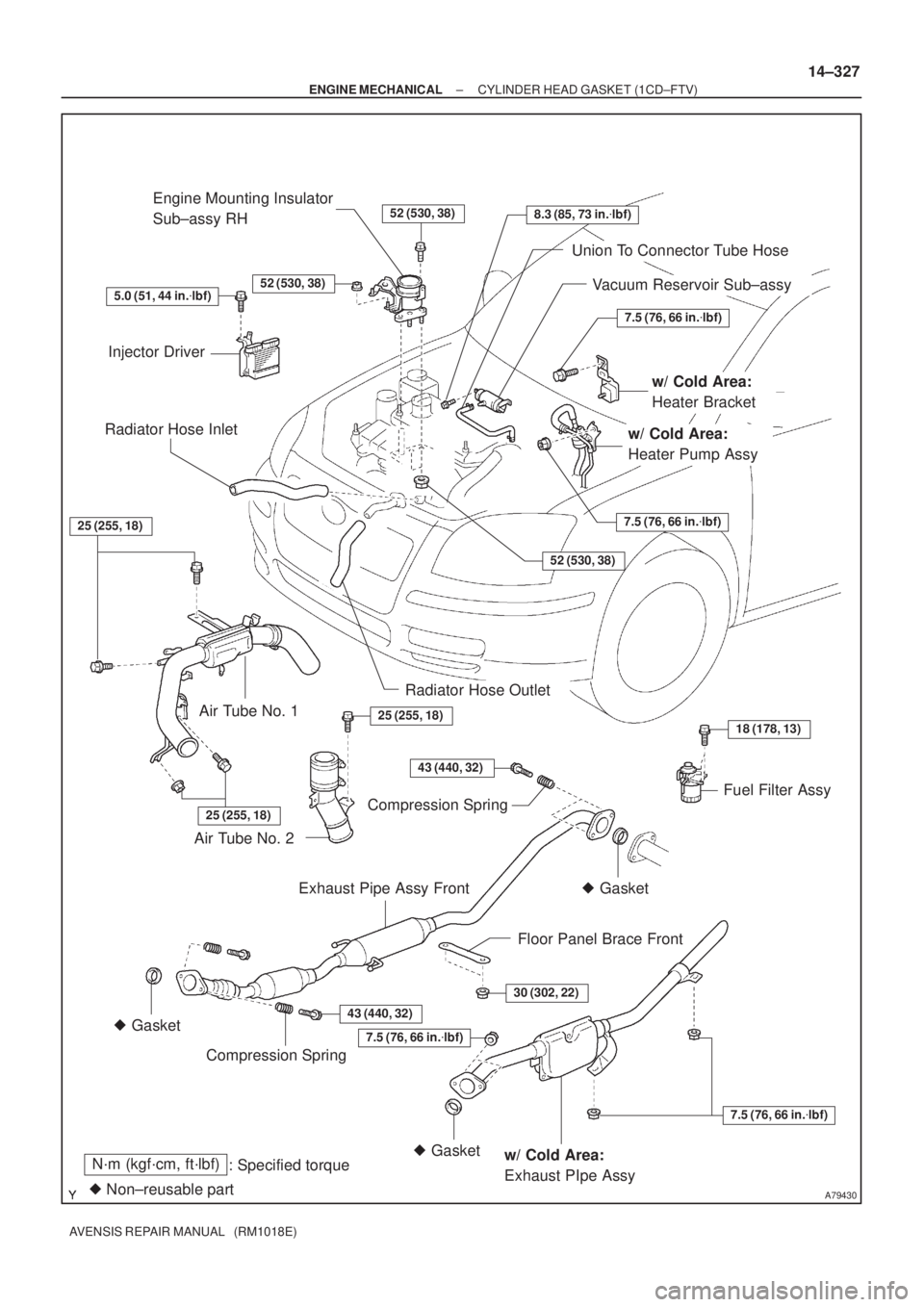TOYOTA AVENSIS 2002  Repair Manual A79430
N´m (kgf´cm, ft´lbf)
: Specified torque
 Non±reusable part
52 (530, 38)
52 (530, 38)
7.5 (76, 66 in.lbf)
7.5 (76, 66 in.lbf)
52 (530, 38)
25 (255, 18)
25 (255, 18)
43 (440, 32)
18 (178, 