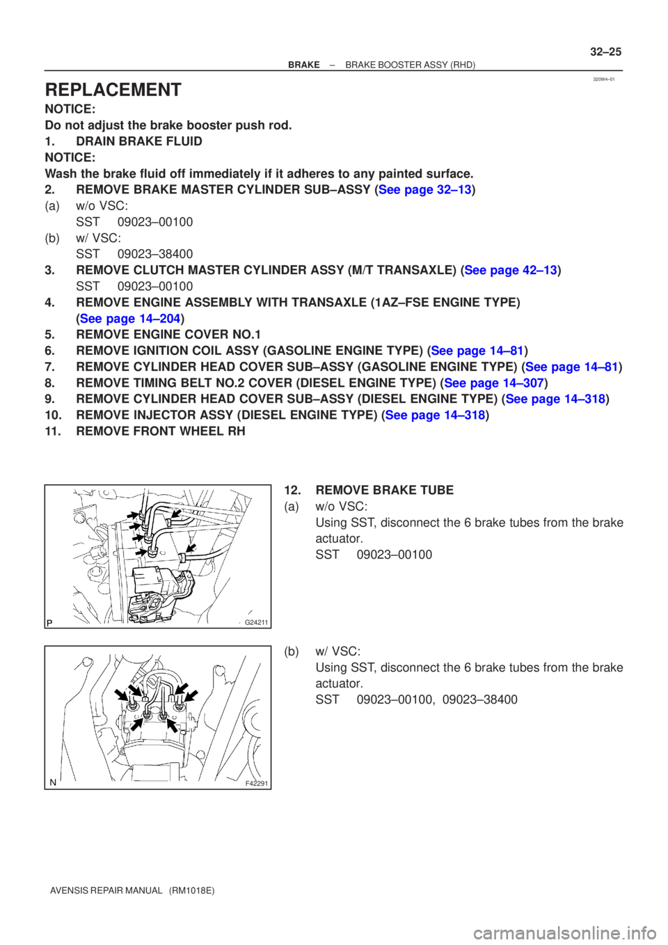 TOYOTA AVENSIS 2002  Repair Manual 320W4±01
G24211
F42291
±
BRAKE BRAKE BOOSTER ASSY (RHD)
32±25
AVENSIS REPAIR MANUAL   (RM1018E)
REPLACEMENT
NOTICE:
Do not adjust the brake booster push rod.
1. DRAIN BRAKE FLUID
NOTICE:
Wash the b